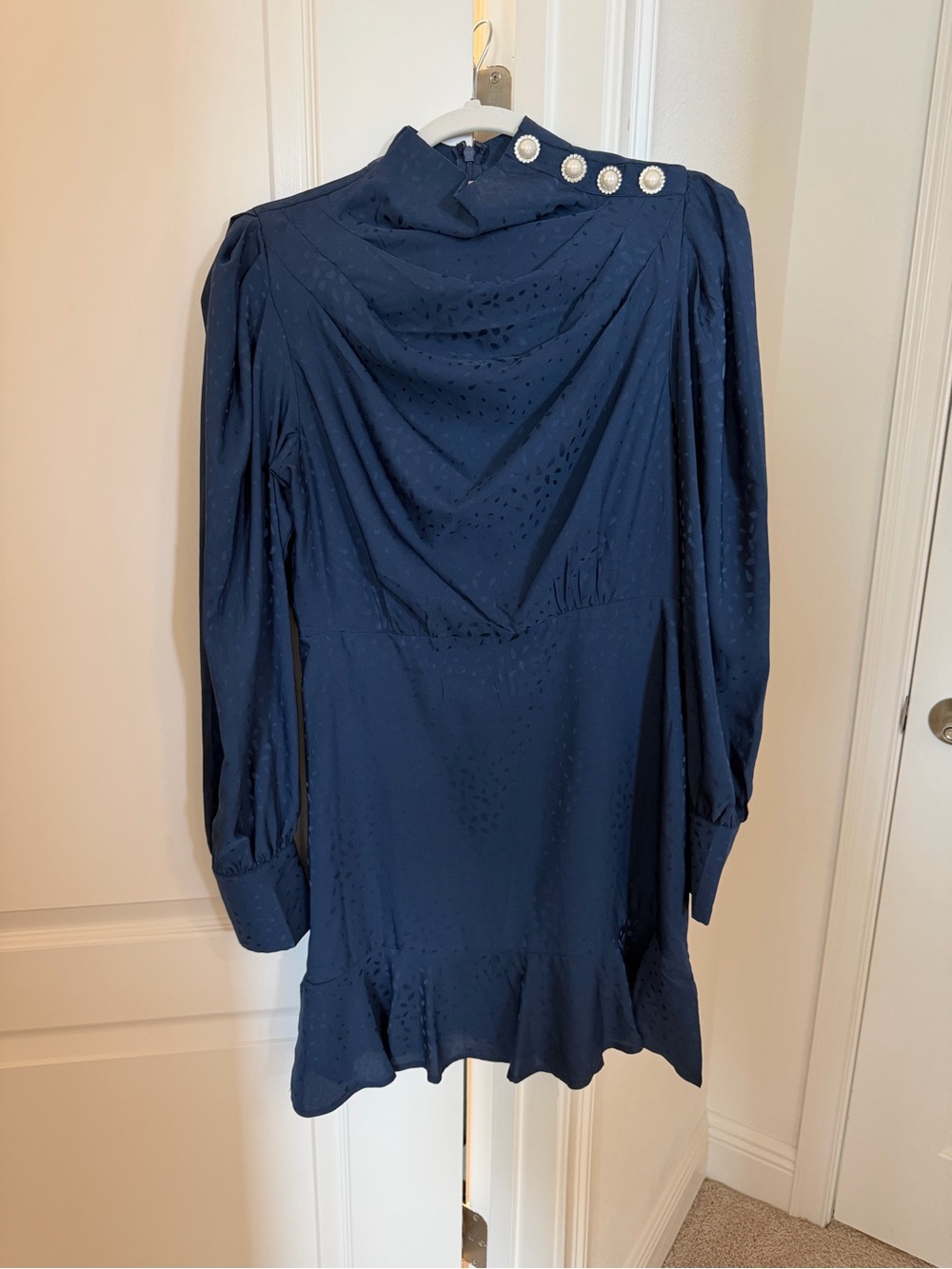 Aqua Navy Long-Sleeve Mock Neck Dress with Pearl Accent
